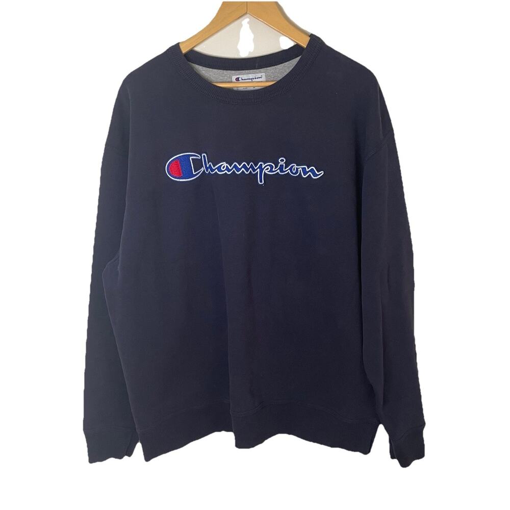 VTG 90s Champion Navy Blue Long Sleeve Crewneck Sweatshirt Big Logo Men 2XL
